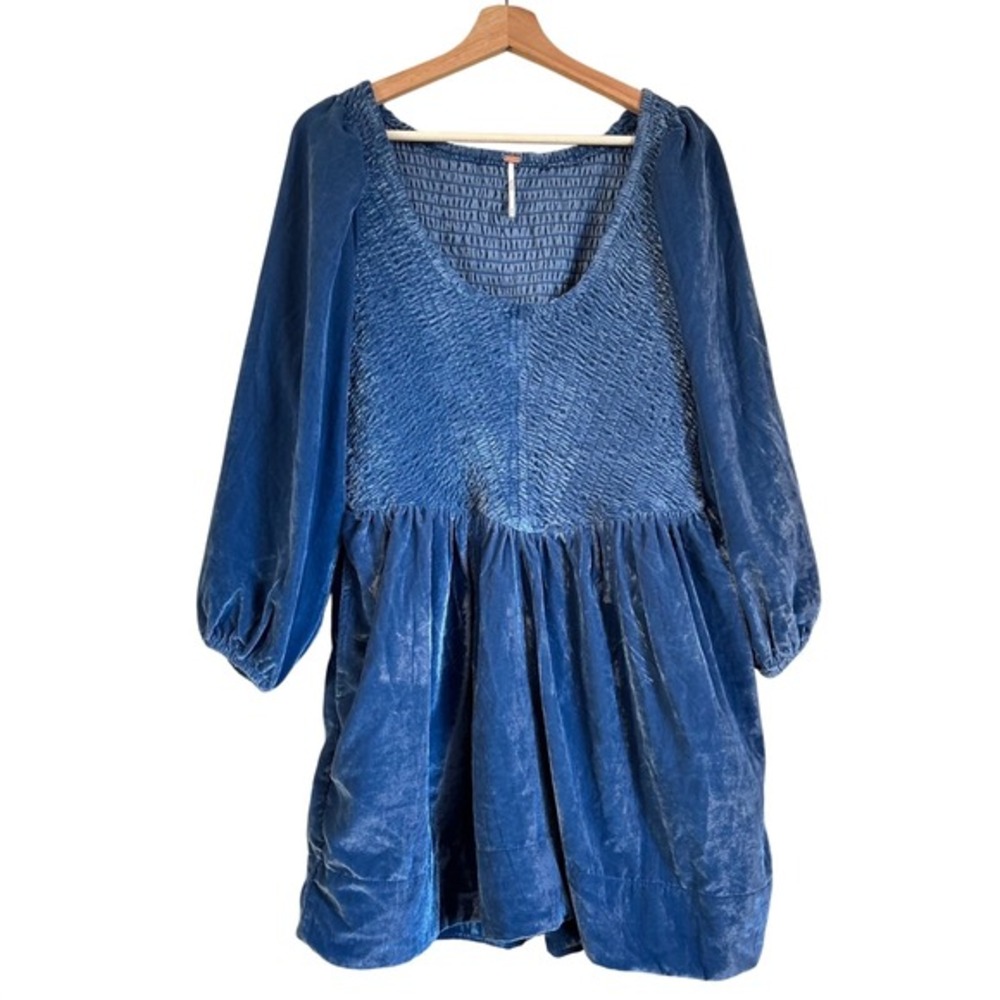 Free People Dress Medium Blue Smocked Velvet Medieval Princess LOTR Fairy Pocket